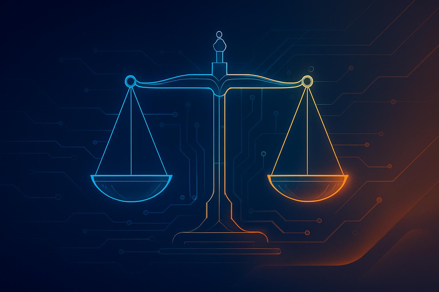 Abstract scales of justice with technology motifs